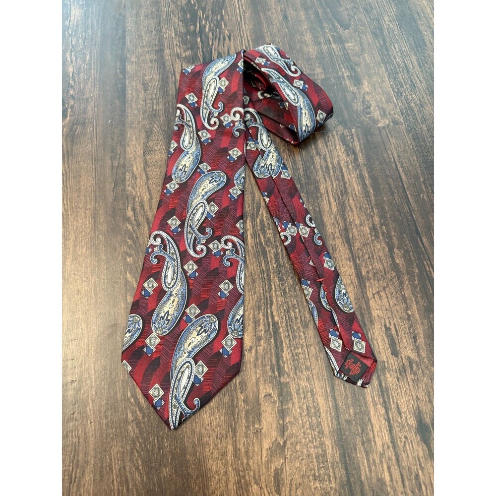 Stafford Mens Neck Tie Red Blue Paisley 100% Silk Italy Made Geometric